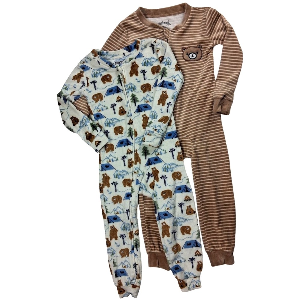 Mick Mack Ltd Baby Boy 24 Mos Velour Bear Sleeper Outfit Lot Open Feet Brown 2pc